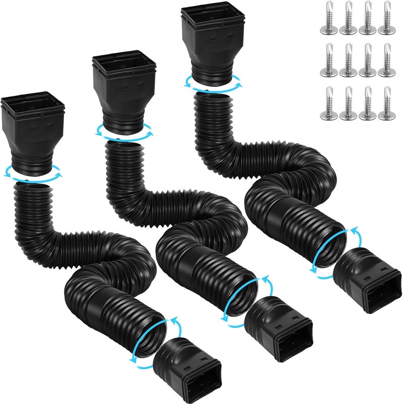 Gutterlix 3 Pack Flexible Gutter Downspout Extensions Extendable from 21" to 67", Downspout Extender Comes with Adapters, Thickened Down spout Drain Extension for Rainwater Drainage(Black) - Image 1
